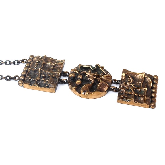 Vintage Brutalist Bronze Pendant Necklace Long Triple Panel Abstract Modernist - Picture 4 of 11